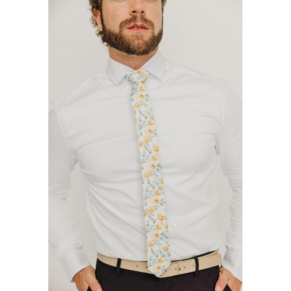 Men's Skinny Tie Floral Print Cotton Necktie Great for Weddings Butterscotch - Picture 2 of 5